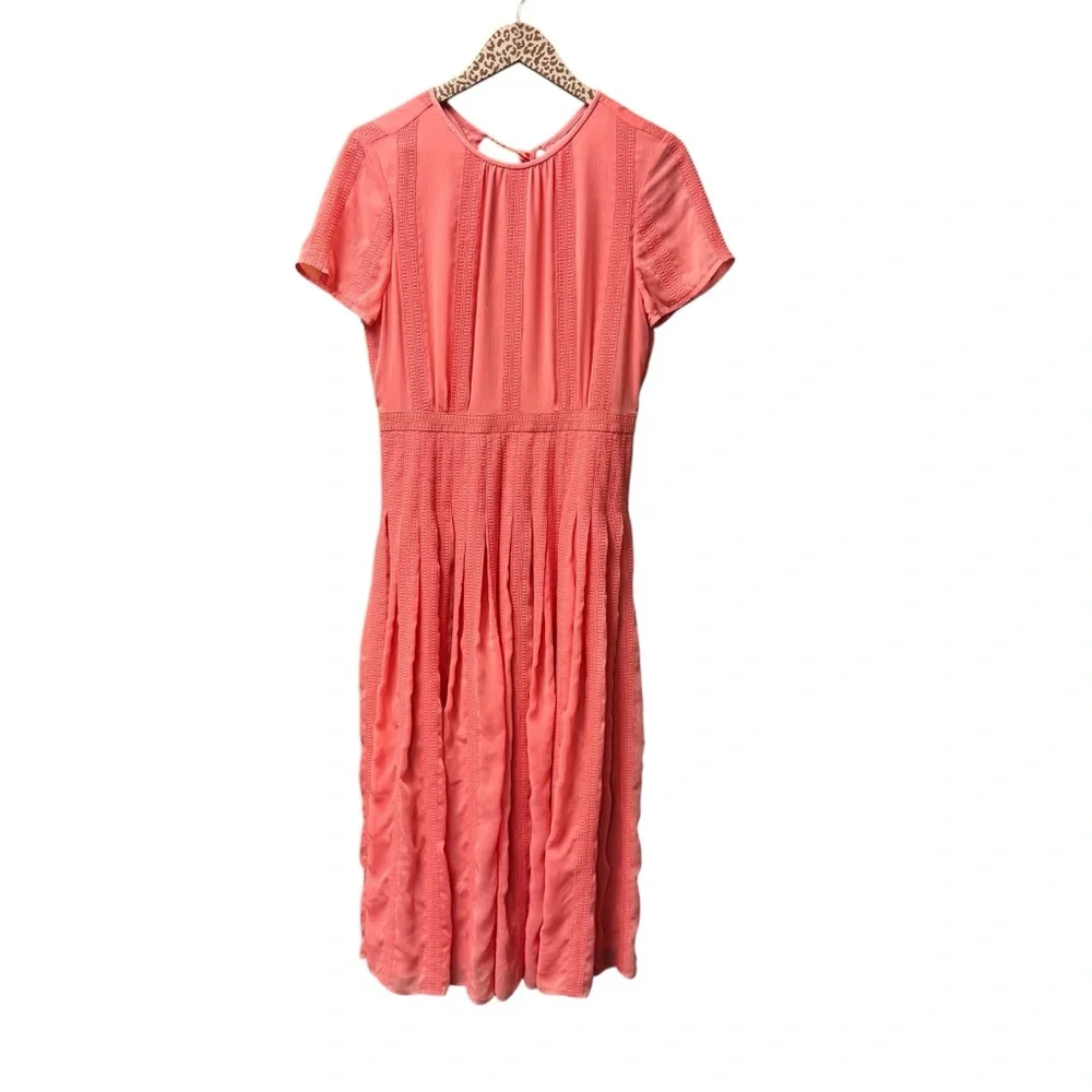 J. Crew Embroidered Flowy Chiffon Short Sleeve Pleated Skirt Midi Dress Pink 6